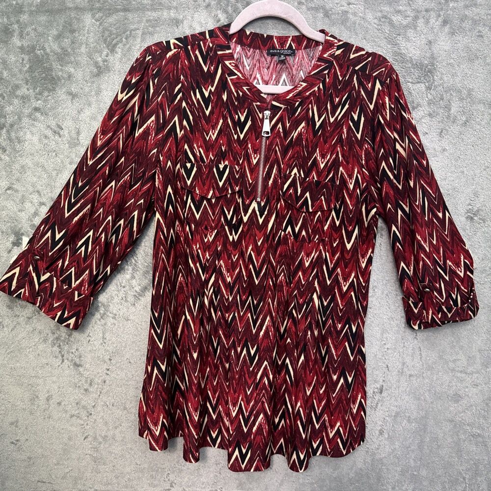 ava and grace top woman 1X burgandy herringbone tunic 1/4 zip